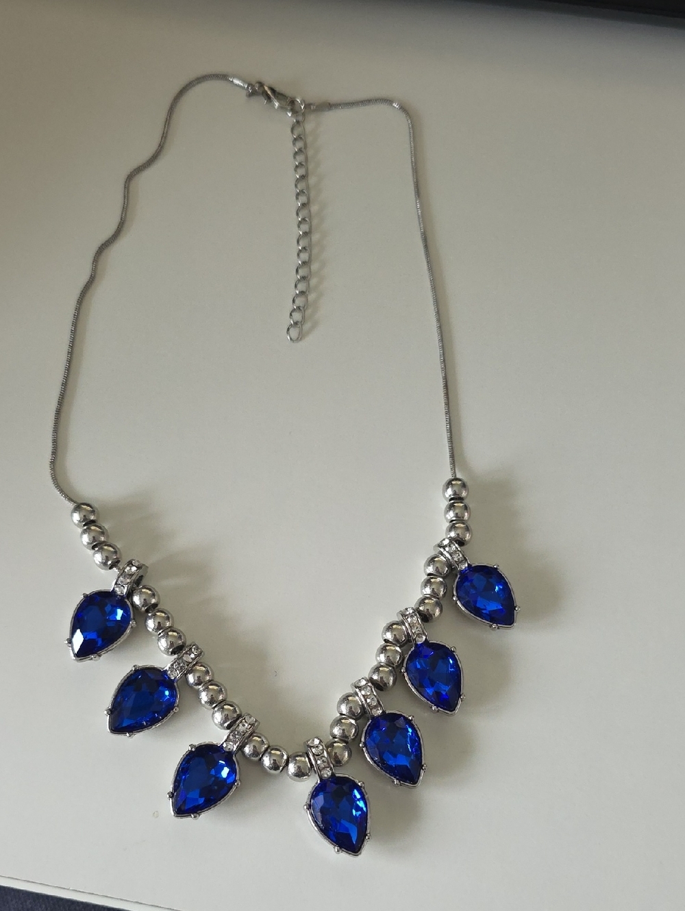 Silver Tone Necklace with Blue Teardrop Stones